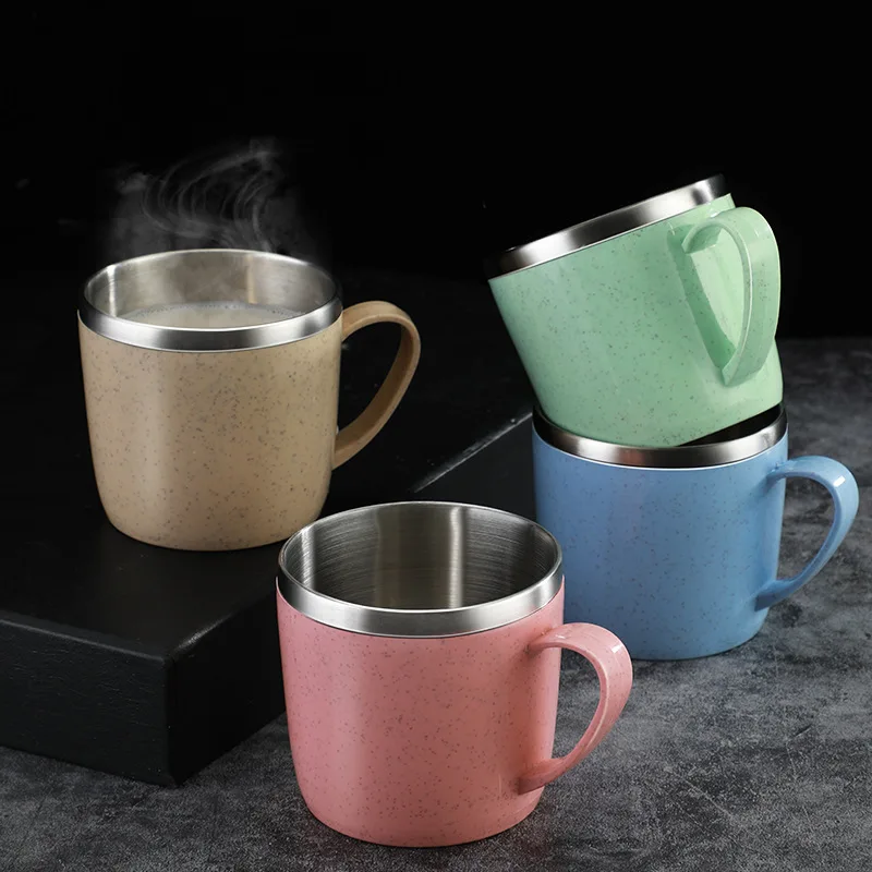 Double Layer Anti-scalding Stainless Steel Cups Plastic Handle Coffee Milk Mug Tea Drinks Water Cup for Home Office Tumbler Kitchen