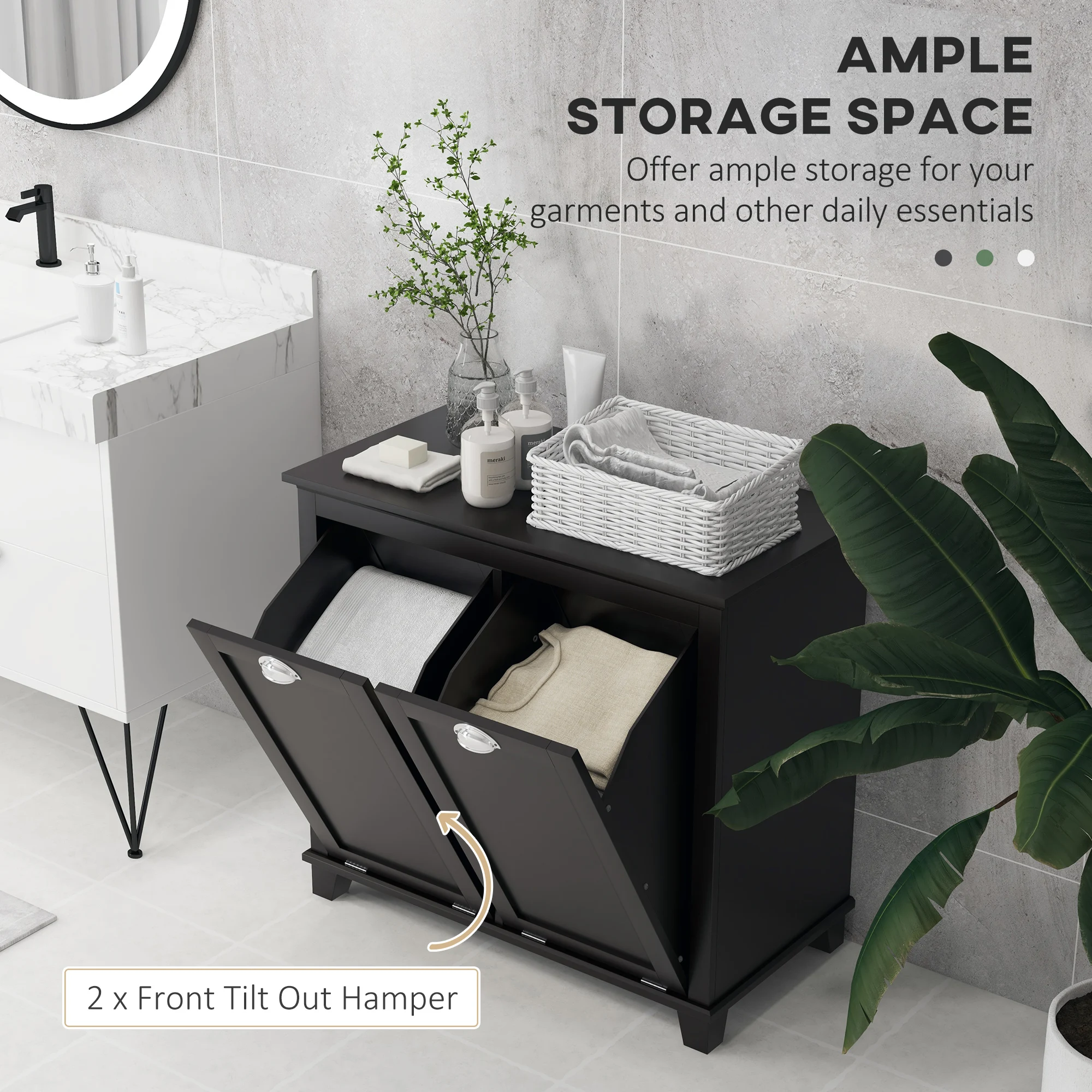 Homcom Dual Tilt Out Laundry Hamper Cabinet, Bathroom Storage Cabinet with 2-Compartment Hamper, Modern Floor Cabinet, Black 4