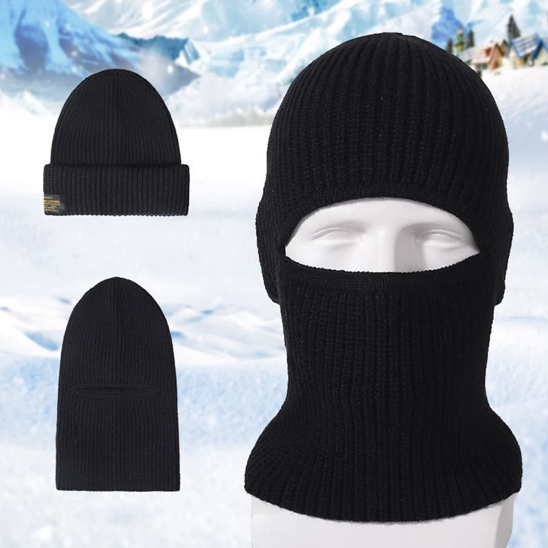 Winter Knitted Balaclava Beanie Hat For Men 2 In 1 Full Face Cover Mask Ski Skate Cap Tactical Riding Earmuffs Bonnet Headgear