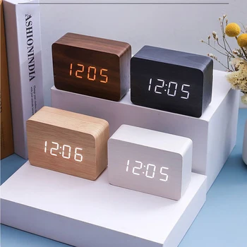 LED Desktop Clock Alarm Decoration Wooden Alarm Watch Table Voice Control Digital Wood Powered Electronic Desktop Clocks 1