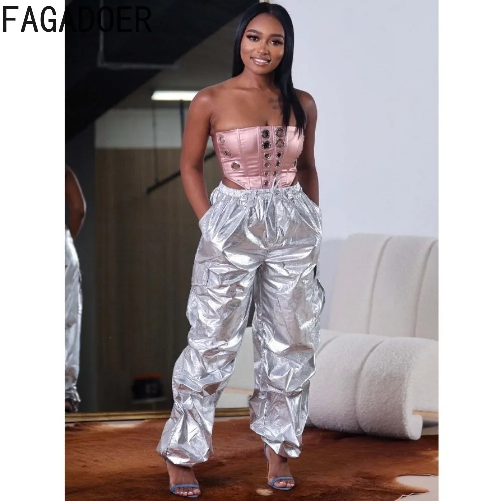 FAGADOER Fashion Street Style Women High Waisted Drawstring Pocket Ruched Cargo Pants Casual Female Solid Color Sporty Trousers