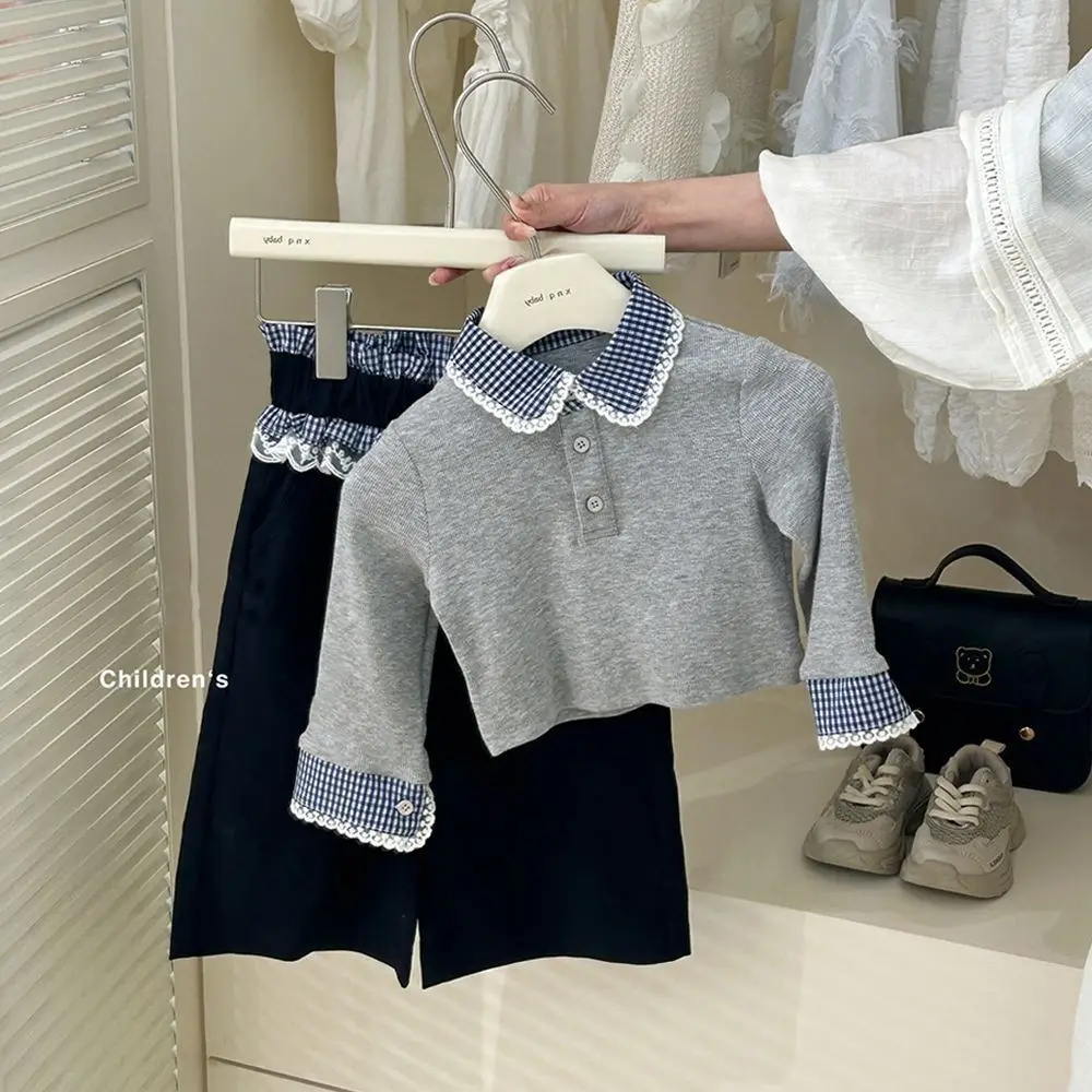 طقم مكون من قطعتين بطباعة مربعات للفتيات - بلوزة بأكمام طويلة لربيع وخريف مع مجموعة بناطيل بحاشية كاذبة، ملابس مزخرفة بالدانتيل بألوان متعددة