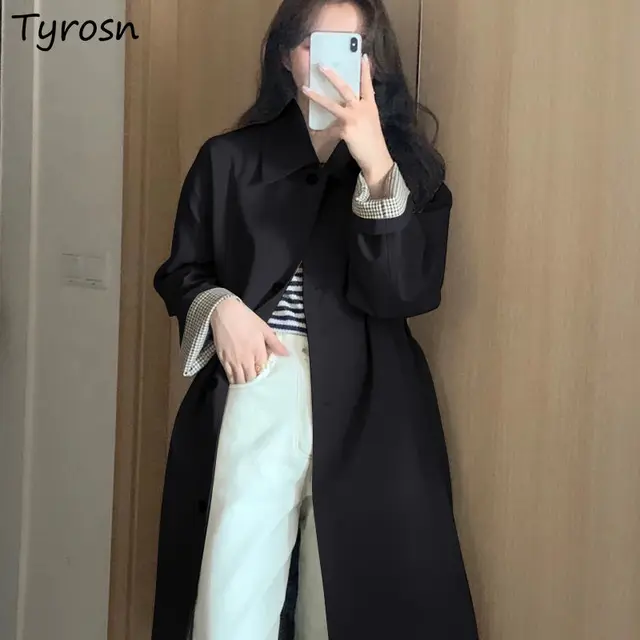 Women Long Trench Tooling Single Breasted Coats Over Knees Khaki Windbreaker England Style College Temperament Overcoats