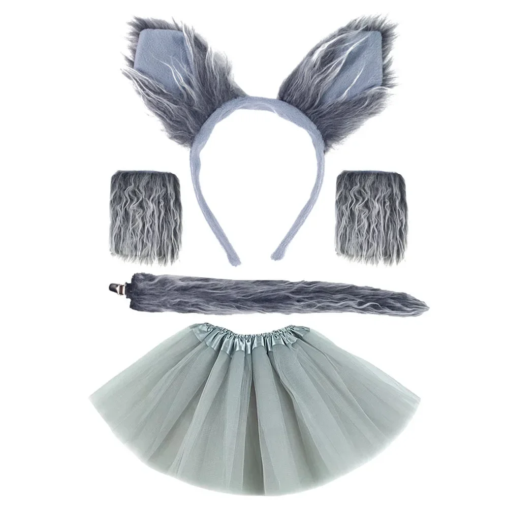 

Children Grey Wolf Costume Set Plush Animal Ear Headband Tail Paw Gloves and Mesh Tutu Skirt Costume Accessories Party