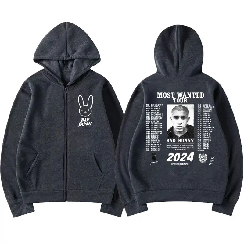 Bad Bunny Nadie Sabe Lo Que Va A Pasar Manana Music Zip-up Hoodie Jackets Fashion Long Sleeve Coat Zipper Sweatshirt Y2K Clothes