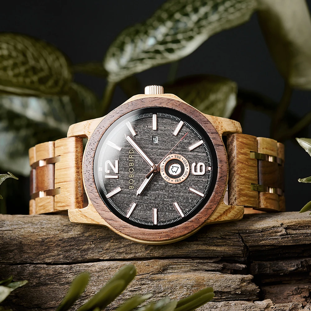Wood Watch Japanese Movement Men's Quartz Wristwatch BOBOBIRD Top New Design Week Date Display Custom Watches Great Gift Box_voghion.com