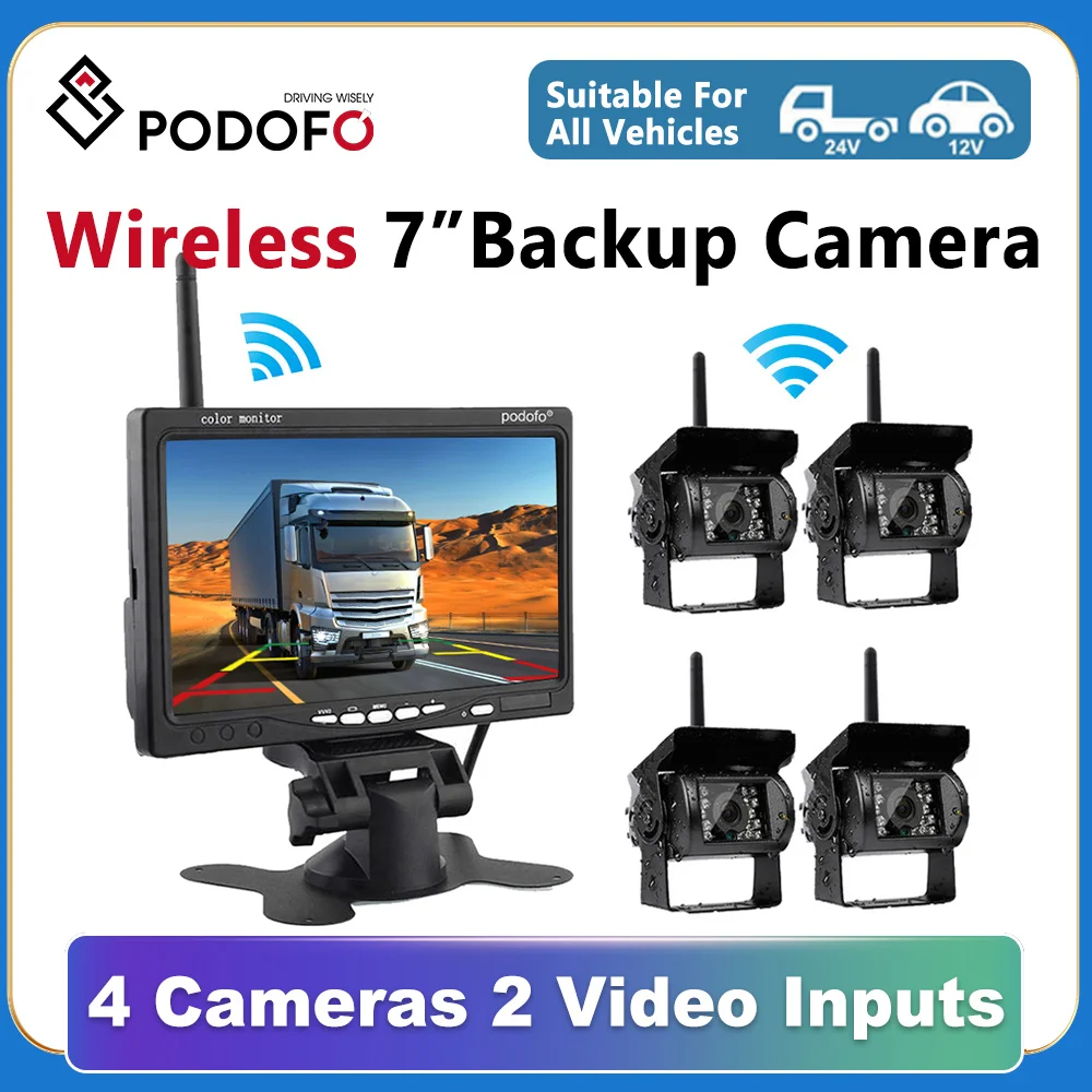

Podofo Wireless 4 Backup Cameras IR Night Vision Waterproof with 7" Rear View Monitor for RV Truck Bus Parking Assistance System