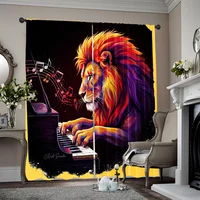 2pcs, spring summer Curtains Lion playing piano Semi-Sheer Curtains Versatile 100% Polyester Gifts Perfect for Bedroom, Office, 1