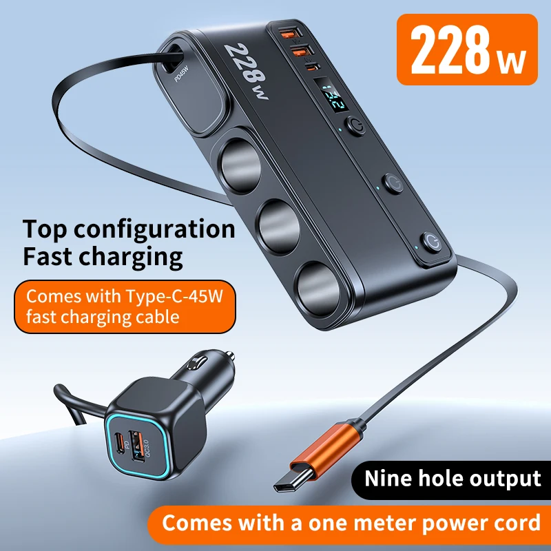 9 in 1 Cigarette Lighter Splitter 228W USB C Car Charger Adapter QC3.0 With PD45W Telescopic Cable LED Voltage Display 12V/24V