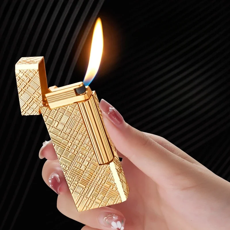 

New Retro Grinding Wheel Open Flame Inflatable Lighter Metal Outdoor 45°Oblique Fire Butane Gas Lighter Carving Process Gift