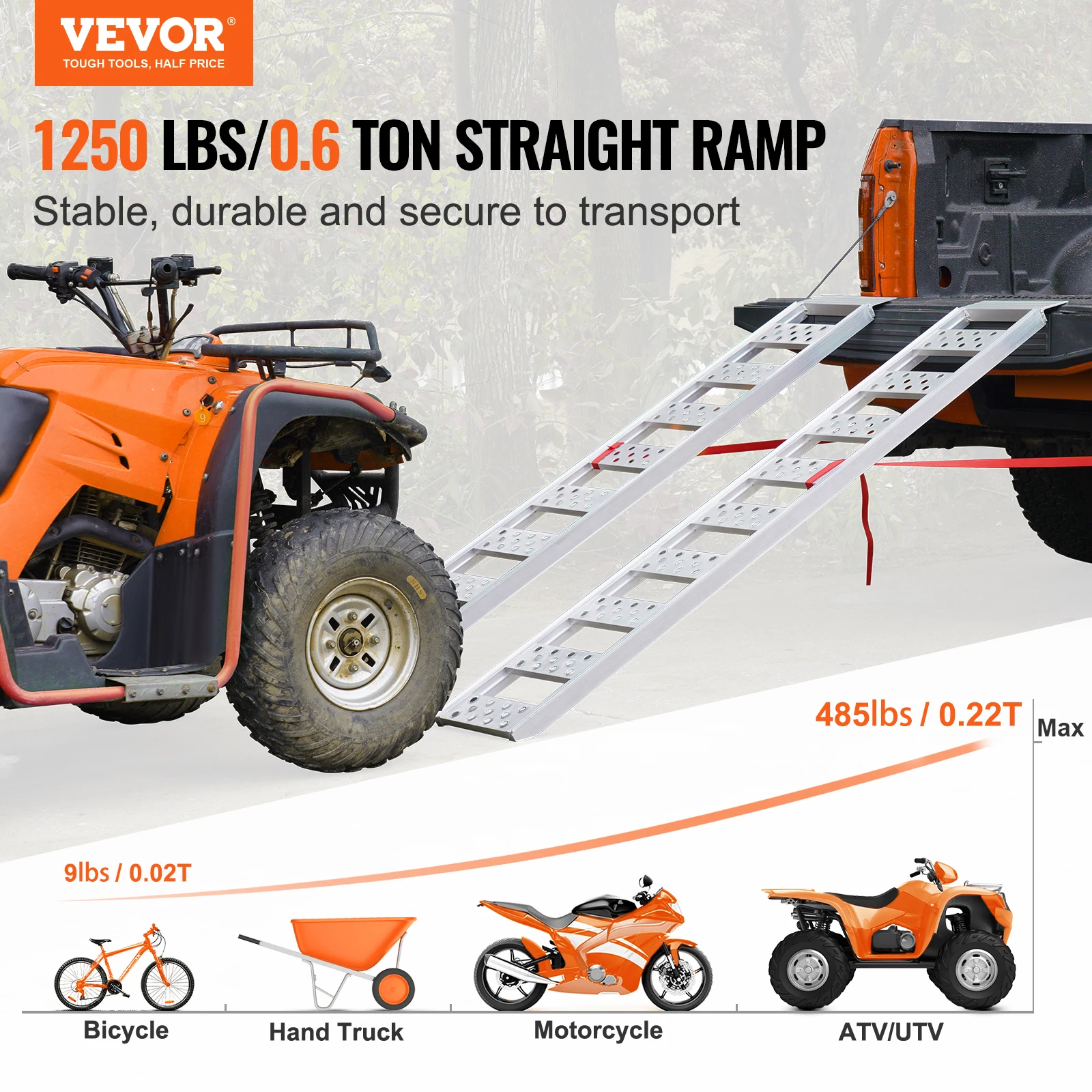 VEVOR Aluminum Ramps 1250lbs Straight Ramp with Treads and Load Straps Portable Loading Ramp for Motorcycles ATVs Trucks 2Pcs