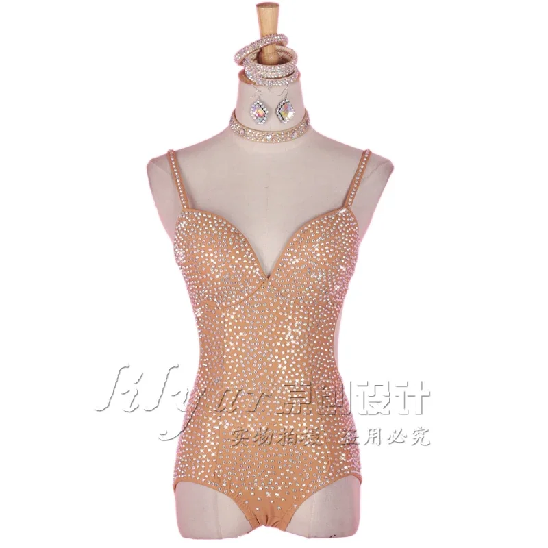 

Women Latin Dance Salsa Dance Jumpsuit Nude Color Sling Backless Bottoming Clothing Full Diamond Sexy V-neck Jazz Dance Costume