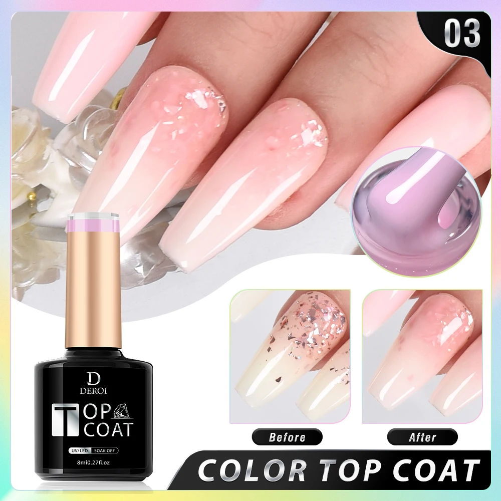 DEROI 8ml Solid Top Coat Glitter No Wipe Gel Top Coat Rubber Base Coat Soak Off Manicure Semi Permanent Clear Nail Polish UV/LED 6