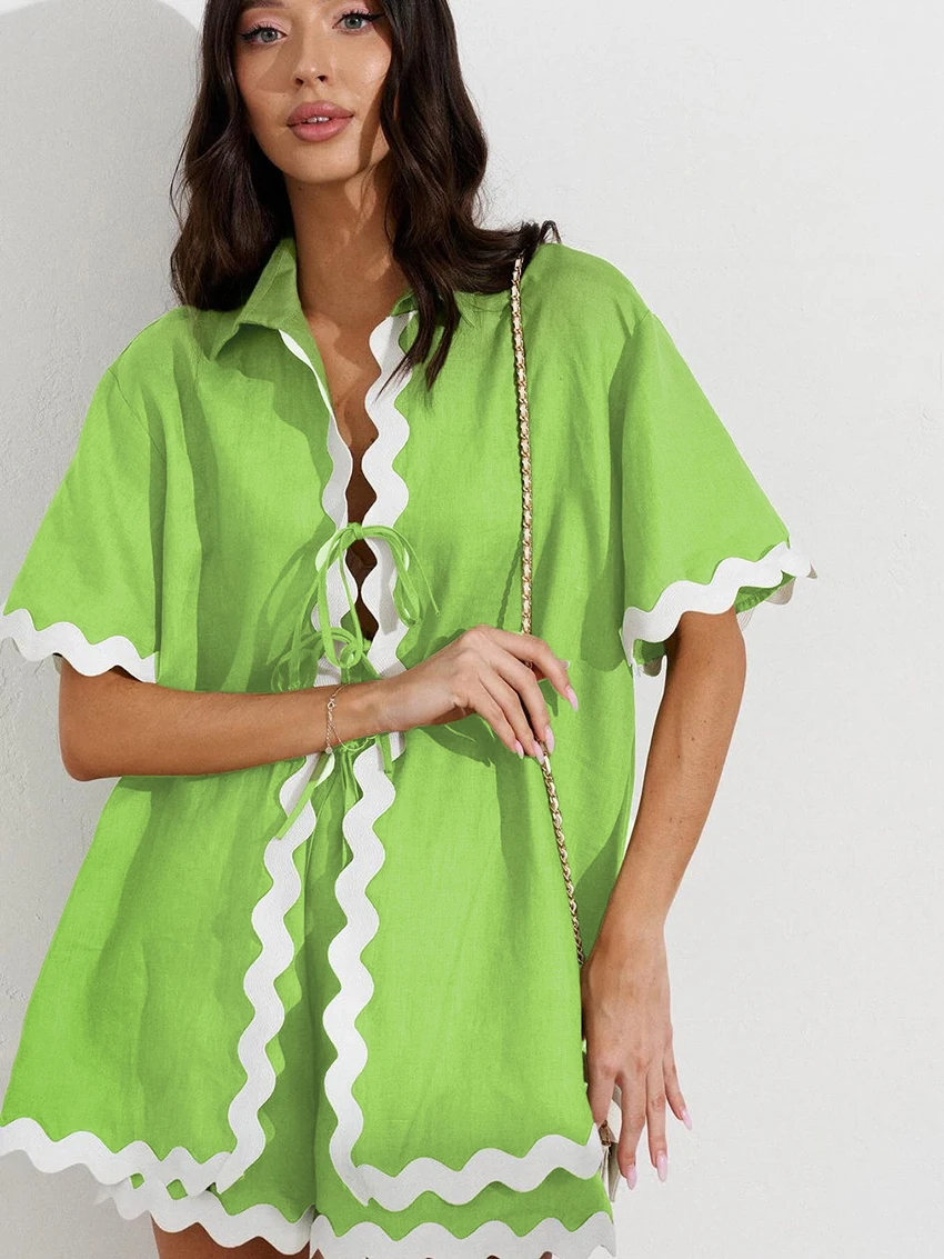 Marthaqiqi Cotton Female Nightgowns Suit Turn-Down Collar Sleepwear Half Sleeve Pajamas Shorts Casual Home Clothes Women Summer