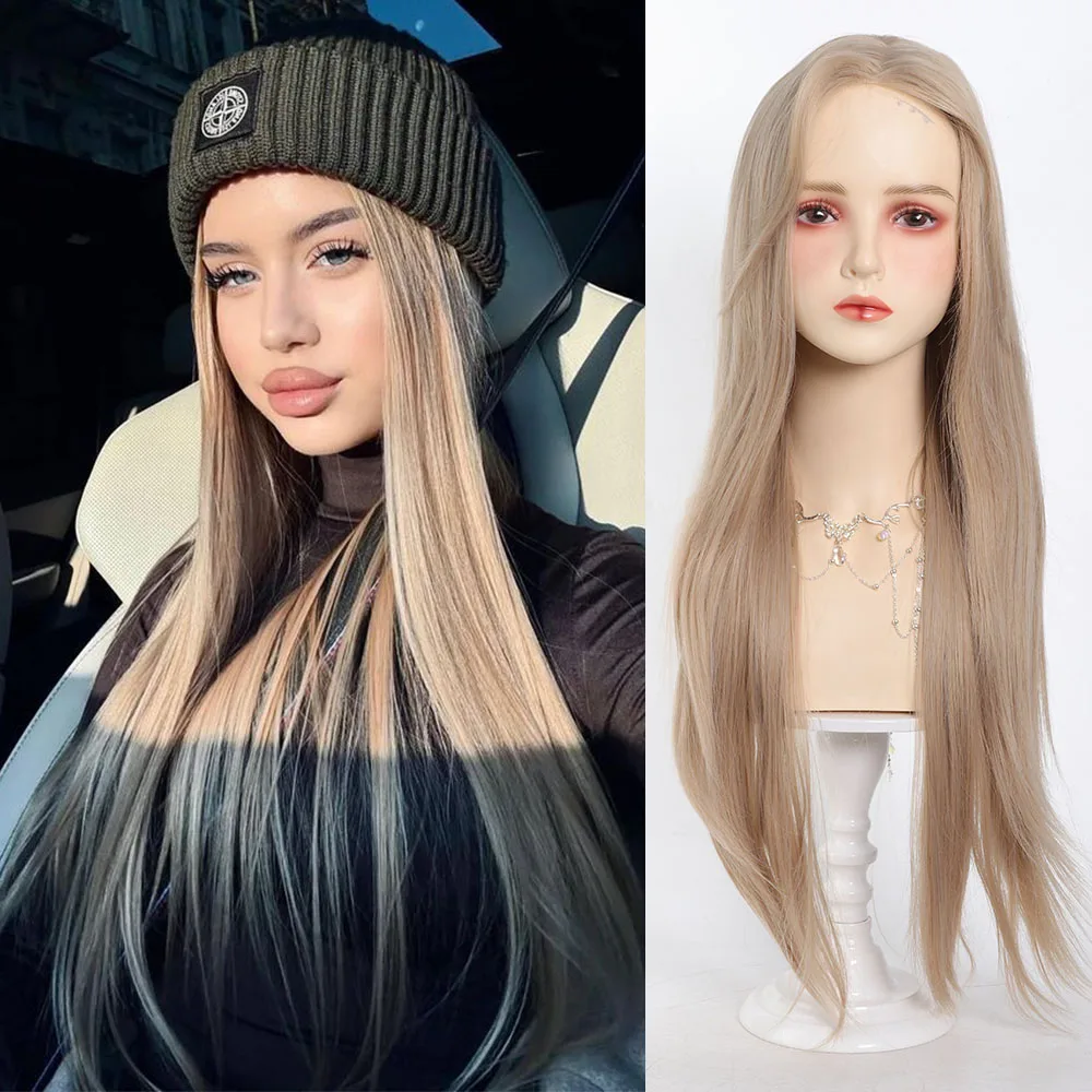 Synthetic Long Straight Wig with Bangs and Curly Ponytail