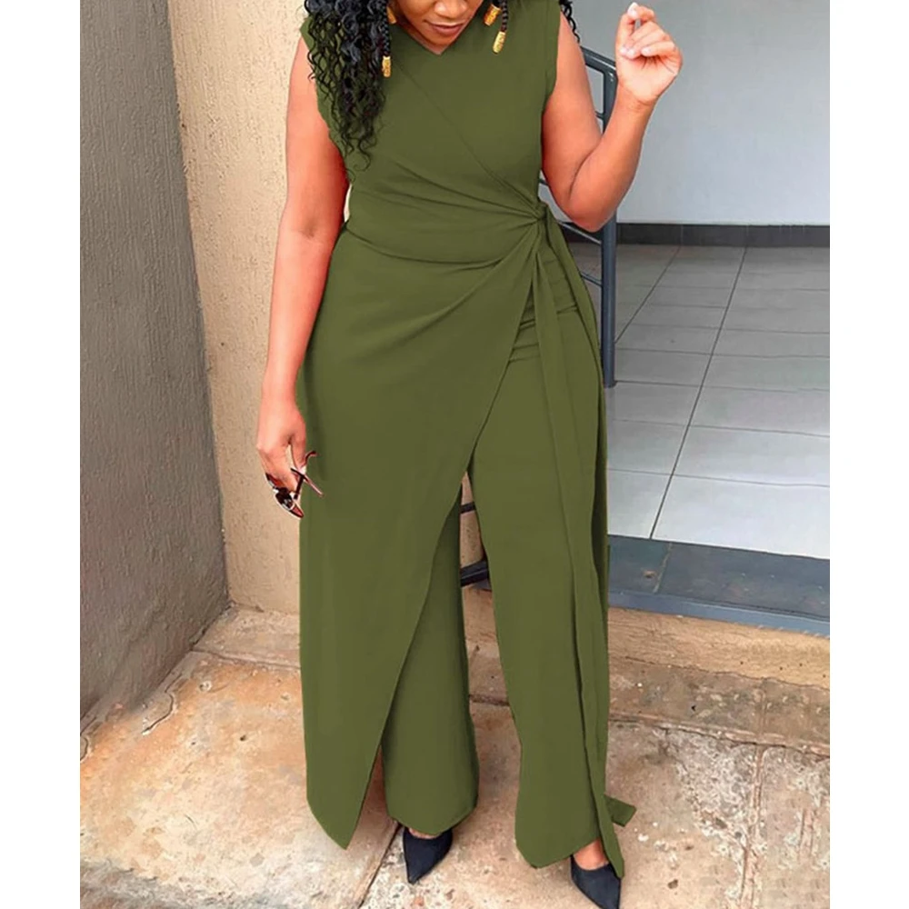 

Wepbel Wide Leg Pants Rompers Jumpsuits Tied Detail Solid Irregular Lace-up Jumpsuit Women Sleeveless Asymmetrical Work Jumpsuit