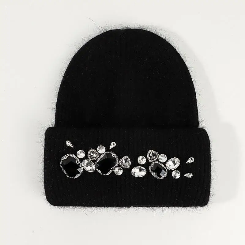 Ladies Fashion Warm Knitted Knitted Knitted Hat with Bright Diamond Rabbit Hair Thickened Warm Cotton Hat Travel Shopping Hat 5