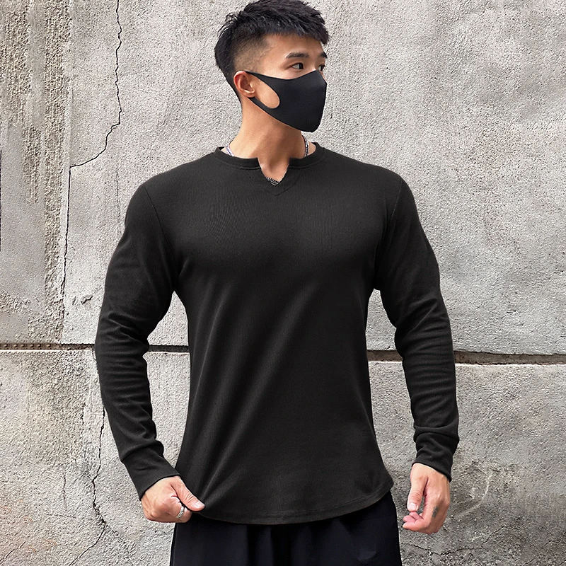 2022 Solid Color V-neck Fitness Cotton Long-sleeved Men's High Elastic Slim T-shirt Sports Running Training Quick-drying Tights