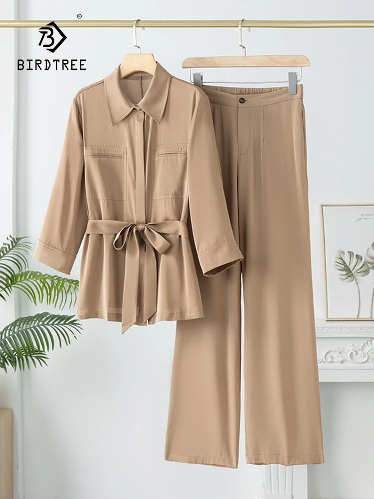 

BirdTree 93%Real Silk Elegant Shirt Set, Women Lace-up Solid, Commute Casual Simplicity Blouses Long Pants, 2024 Spring S43427QC