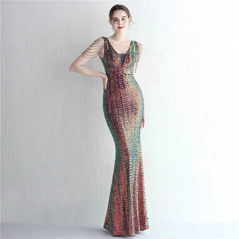 Women 1920s Plus Size Formal Dress Tassels Sleeve Sequins Gatsby Maxi Evening Gown
