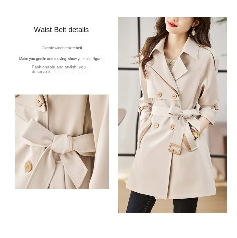 Solid Mid length Trench for Women Fall Winter 2023 New Vintage Turn Down Collar Long Sleeve Jacket Loose Double Breasted Coat