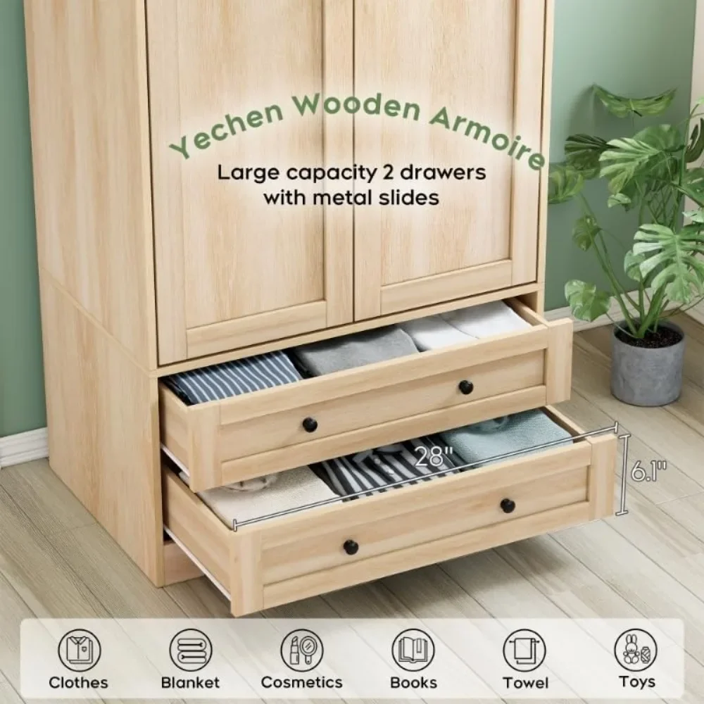 71" Wooden Armoire Wardrobe Closet with Adjustable Shelf and Hanging Rail, Freestanding Closet Wardrobe with 2 Wide Drawers 4