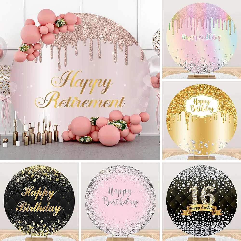 

Gold Pink Birthday Party Round Backdrop Black and Gold Glitter Happy Birthday Baby Shower Background Portrait Photography Props