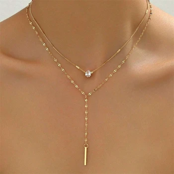 Minimalist Double Layered Y Shaped Collarbone Necklace for Women Popular Long Chain Drop Necklace Girls Party Body Jewelry Gifts