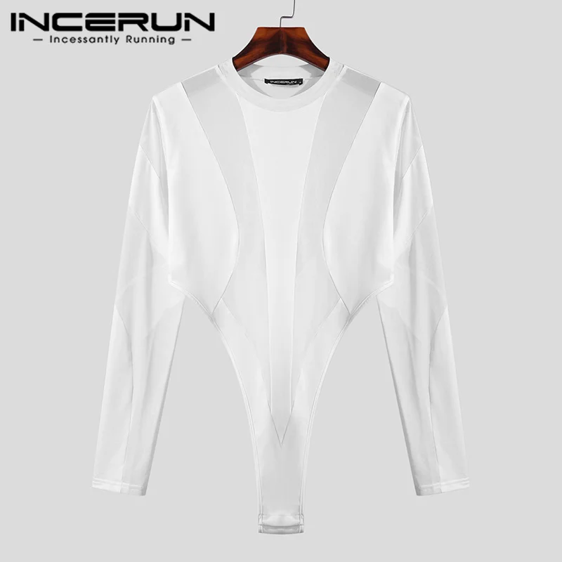 INCERUN 2023 Sexy Men Rompers Fashion See-through Mesh Hole Panel Jumpsuits Casual Solid Comfortable Long Sleeve Bodysuits S-5XL