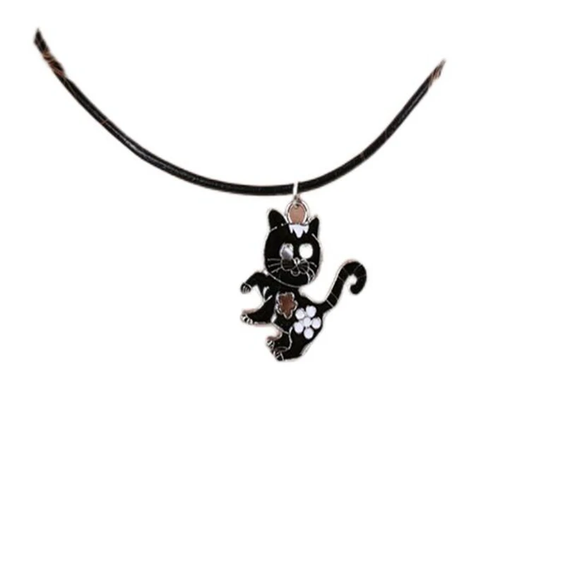 Enamel Red Black White Cute Cat Necklace Pendant Vintage Statement