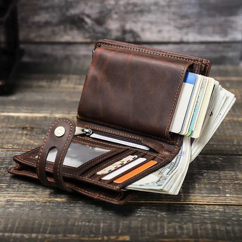 CONTACT'S Genuine Leather RFID Vintage Wallet Men With Coin Pocket Short Wallets Small Zipper Walet With Card Holders Man Purse main image 1