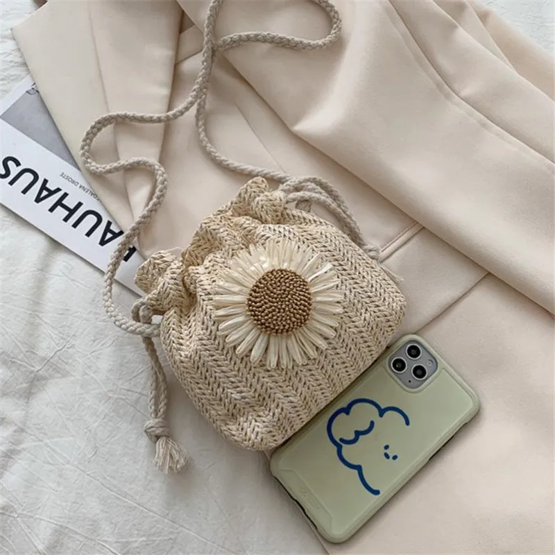 Woven Straw Mini Messenger Bag for Women Drawstring Closure Summer Cute Bucket Bag with Flower Crossbody Bag, Phone Wallet Pouch 4