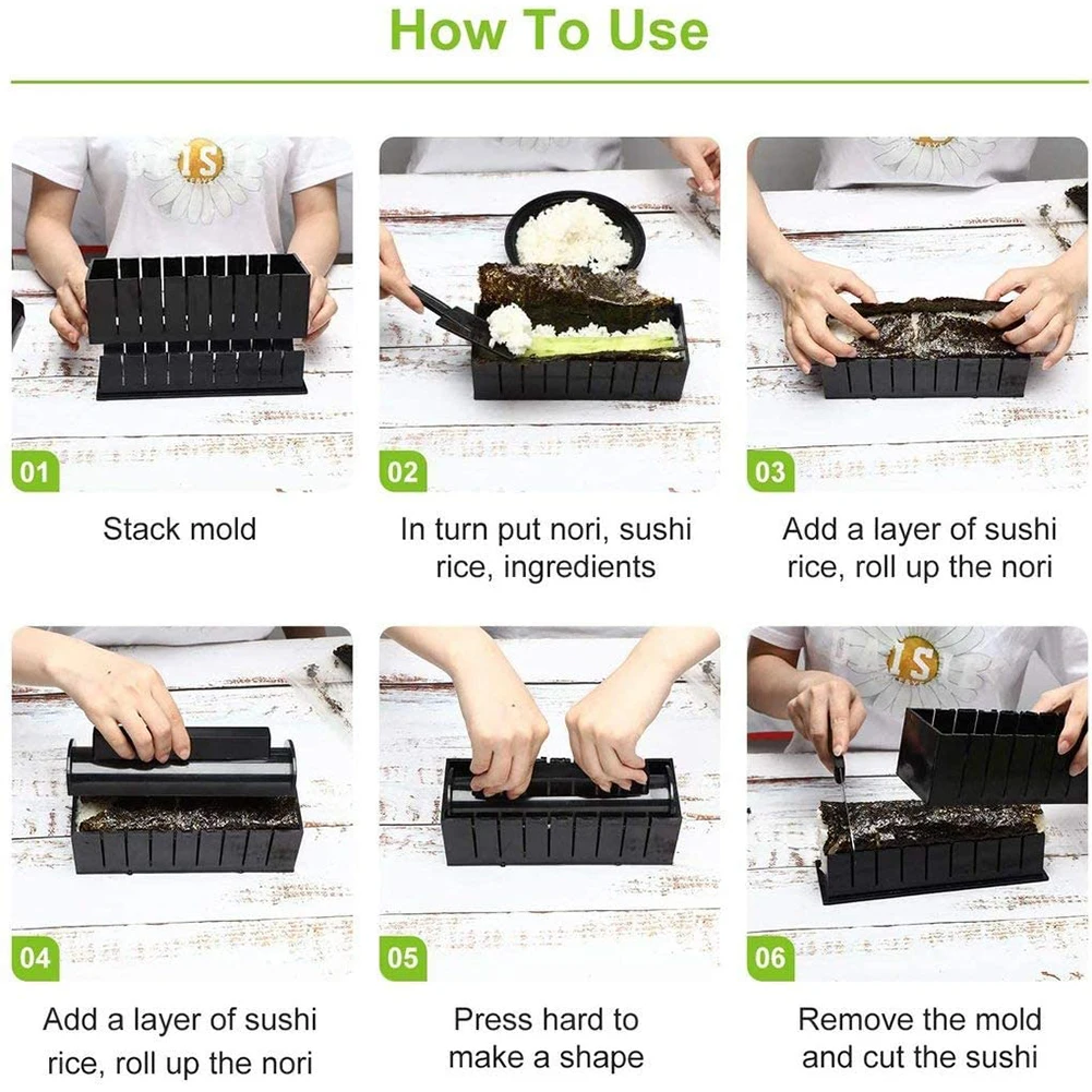 10pcs/set DIY Sushi Mould Plastic Japanese Cuisine Maker Tool with Rice Roll Mold Fork Spatula Tools Black for Cooking Picnics