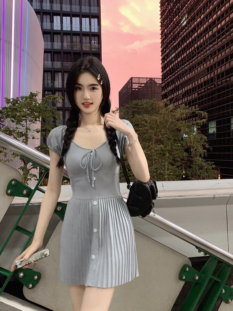 Sexy Knitted Dresses for Women V-neck A-Line Pleated Mini Dress Korean Fashion Solid Autumn Knitting One Piece Vestido Mujer New