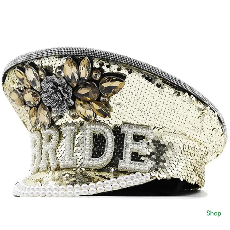 

Dropship Bride Hat Heavy Rhinestones Sequins Pearls Captain Hat Wedding Photo