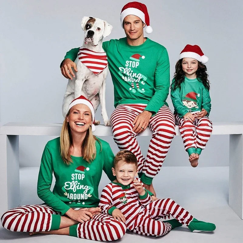 

NEW Family Christmas Pajamas Set 2023 Xmas Letter Print Stop Elfing Around Family Matching Clothes Adult Kid Pyjamas Baby Romper