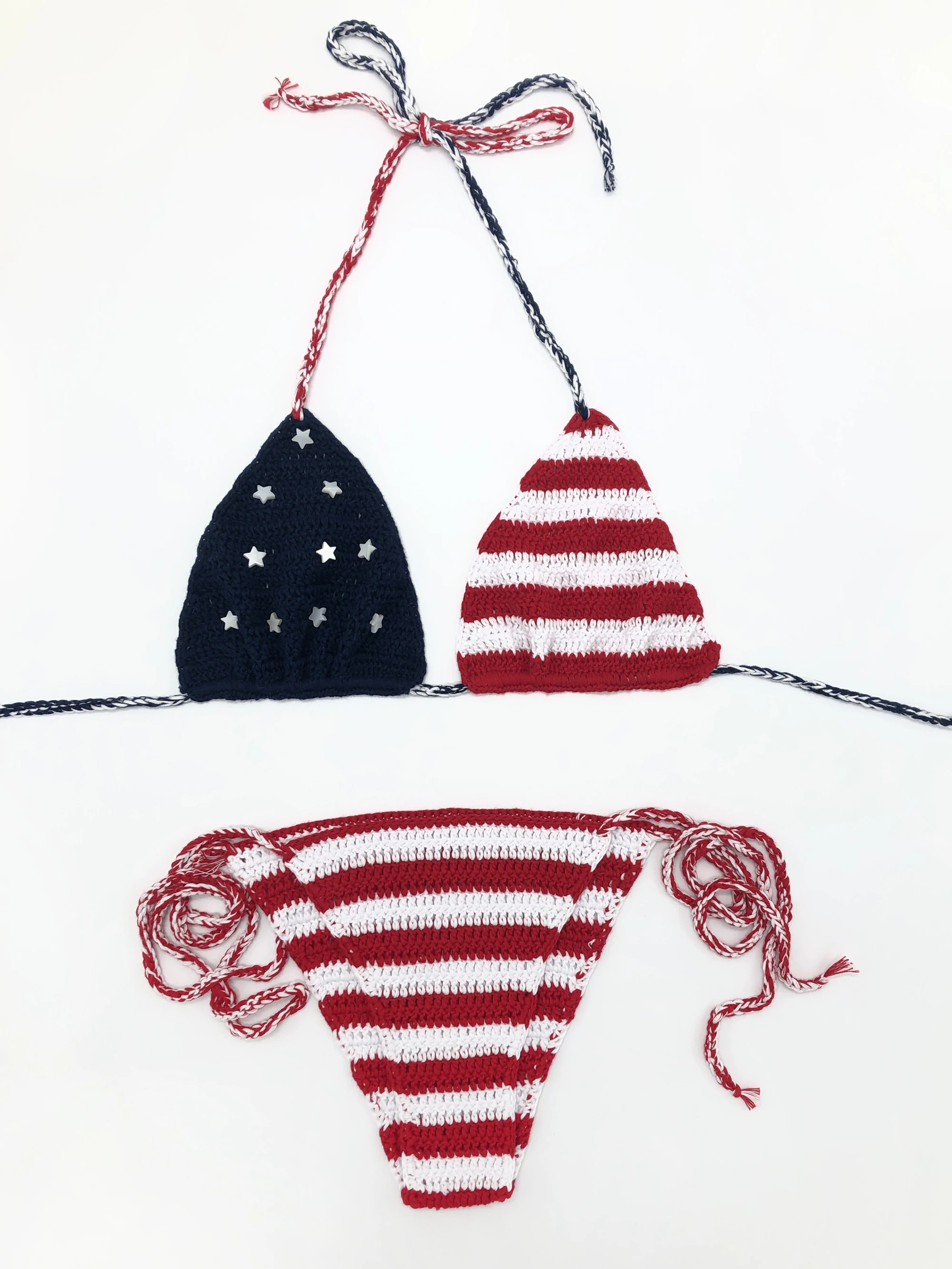 Women Sexy American Flag Crochet Bikini Set Natural Shell Handcraft Swimsuit Strappy Adjustable Bra National Flag Bathing Suit