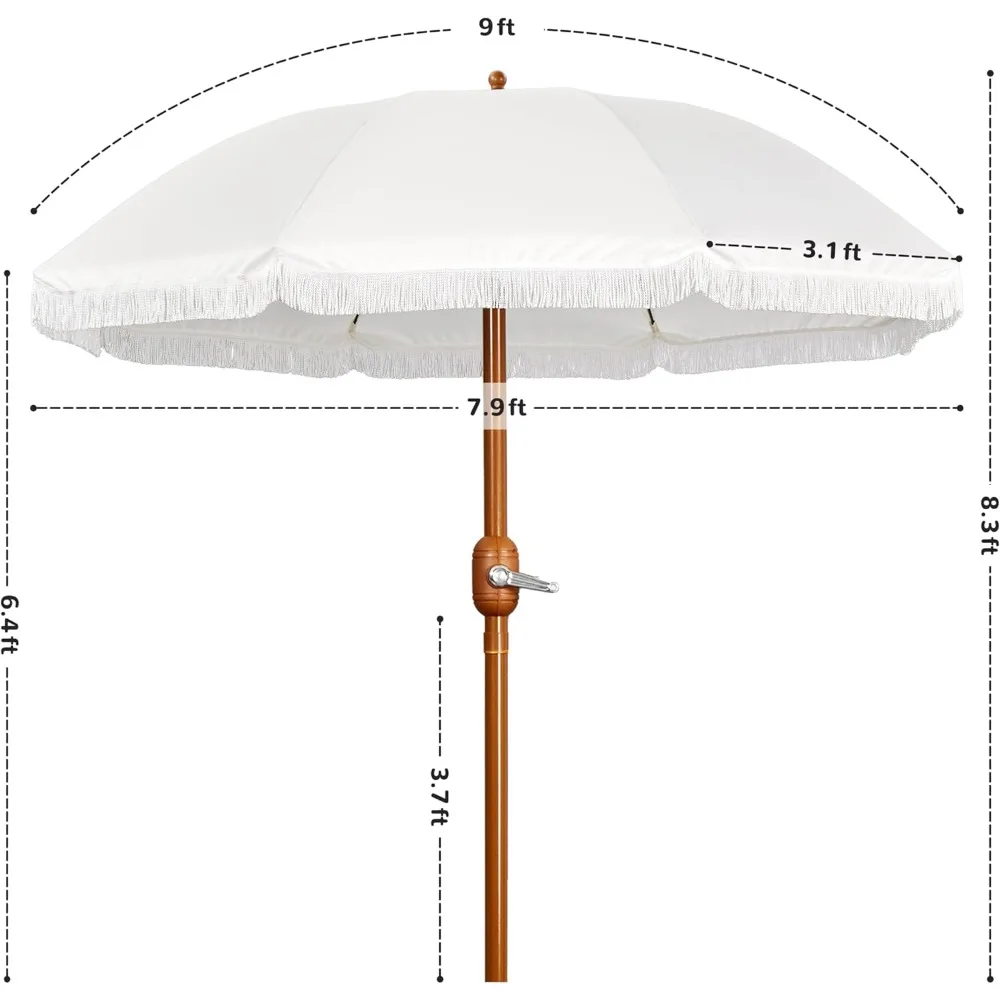 9ft Patio Umbrella with Tassels, Fringe Portable Beach Umbrella, Umbrella Outdoor Patio with Crank Operating Mechanism 2