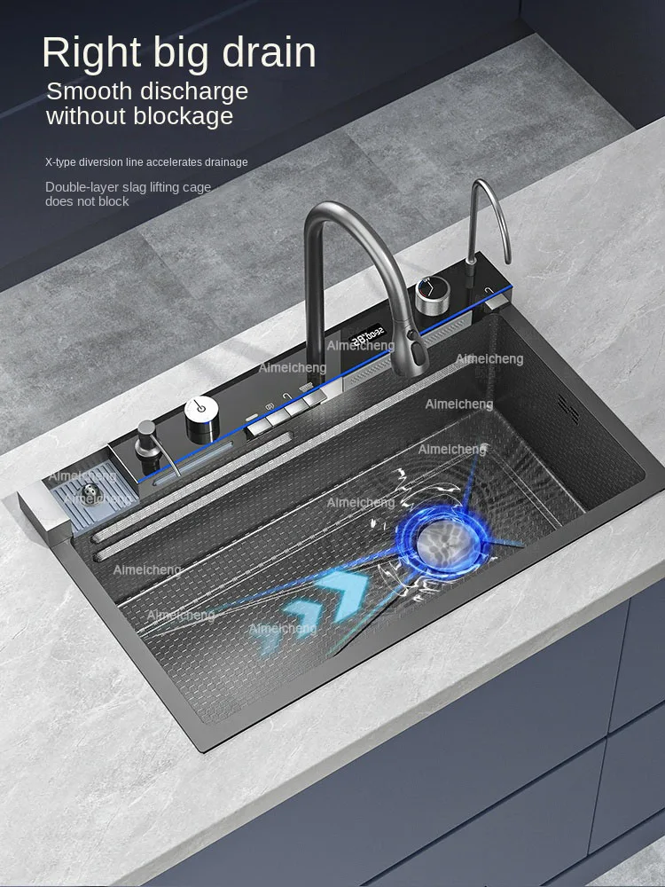 2024 Integrated Waterfall Kitchen Sink Honeycomb Technology Large Digitial Display Stainless Steel Soap Dispenser Cup Washer 4