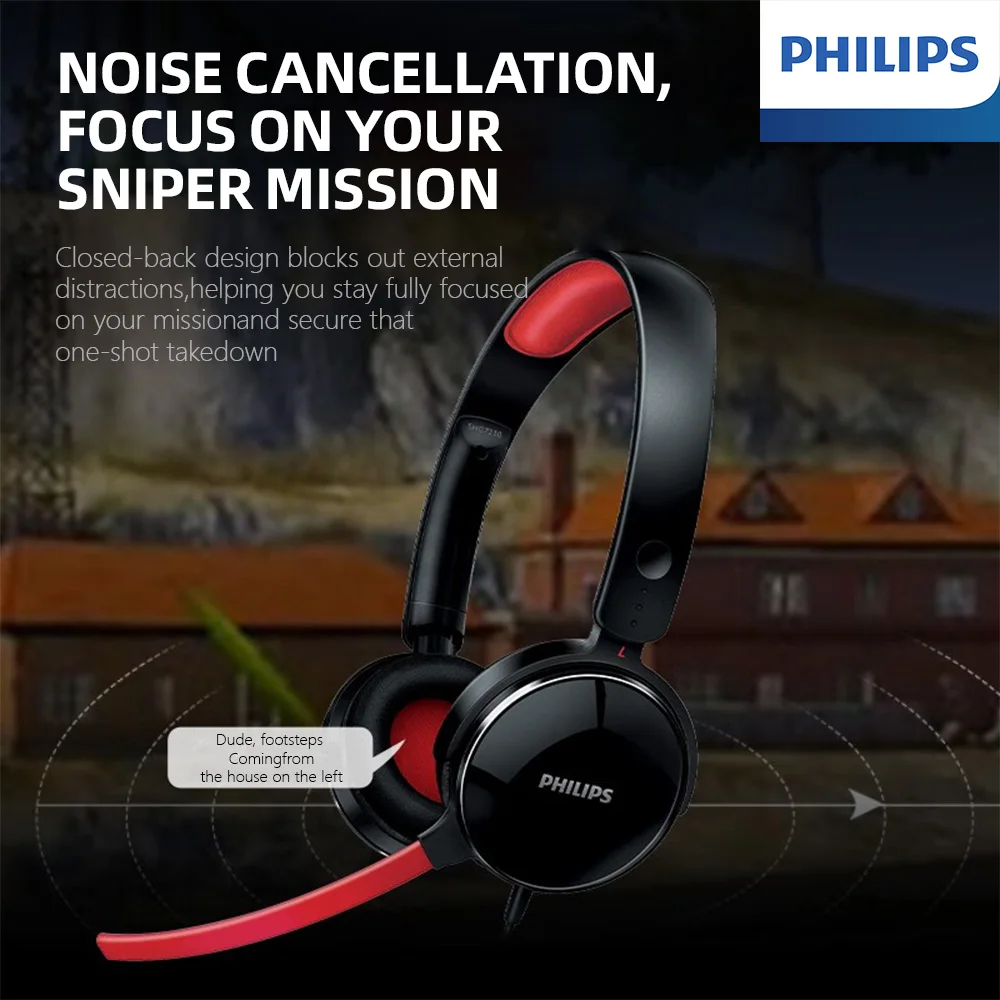필립스 SHG7210 유선 게이밍 헤드셋(마이크 포함) 3.5mm 잭 클리어 스테레오 사운드 PC 노트북 컴퓨터 게이머용 저지연 헤드폰