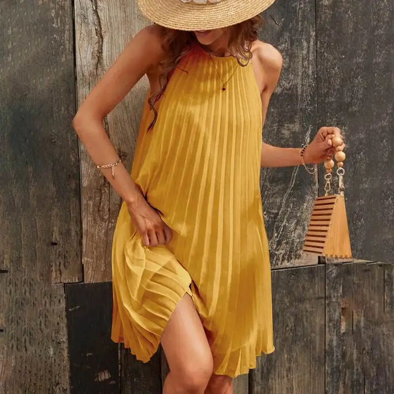 2024 Sexy Straps Mini Sundress Celmia Women Sleeveless Pleated Dress Party Summer Casual Loose O Neck Short Robes Oversize Dress