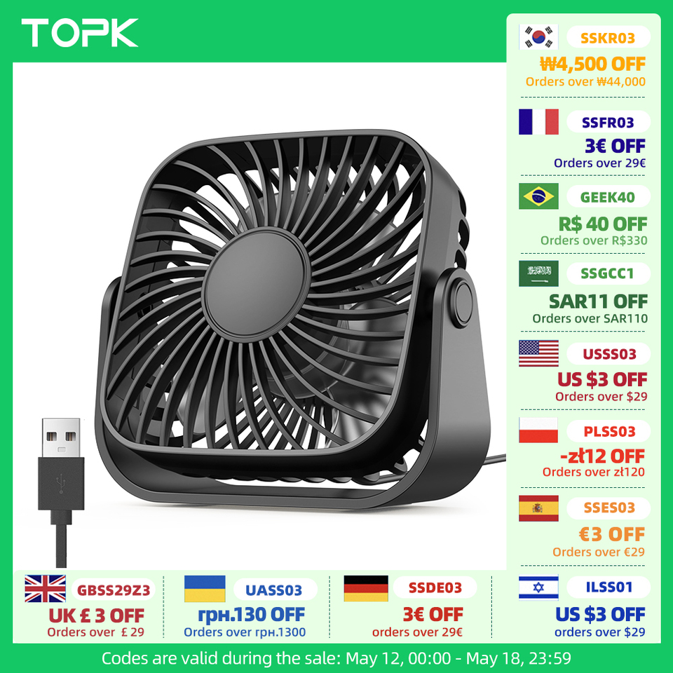 TOPK 4Inch USB Mini Portable Fan for Camping,3 Speeds Quiet Desk Table Personal Fan,360°Adjustment Standing Fans for Room Home
