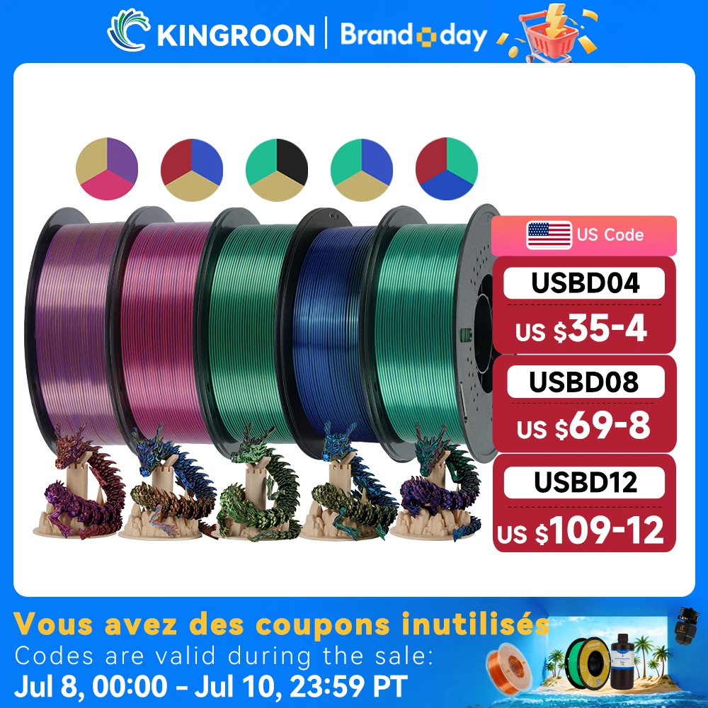 KINGROON 5KG Silk Tricolor PLA Filament 1.75mm, Three-colour Coextrusion 3D Printing Material, New Color Change, 5Roll 1kg/Spool
