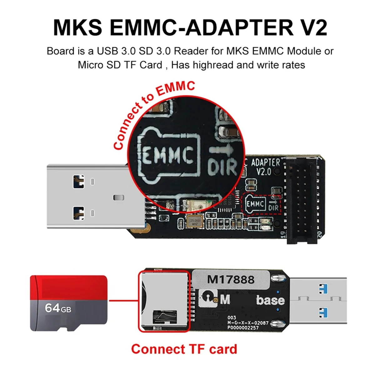 MKS EMMC-ADAPTER V2 용 USB 3.0 카드 리더기, MKS EMMC 모듈 마이크로 SD TF 카드, MKS Pi MKS SKIPR