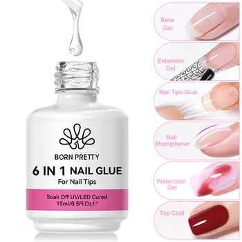 6 in 1 Nail Glue Gel 15ML for Acrylic Nails Soak off Base Gel Top Coat UV Extension Nail Gel False Nail Tips Gel