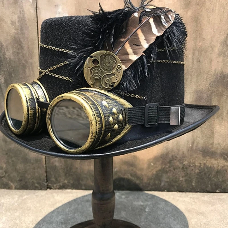 

Steampunk Top Hat Wool Felt Victorian Hat with Goggles & Feather Unisex Costume Top Cap Gothic Hippies Cap Cosplay Props