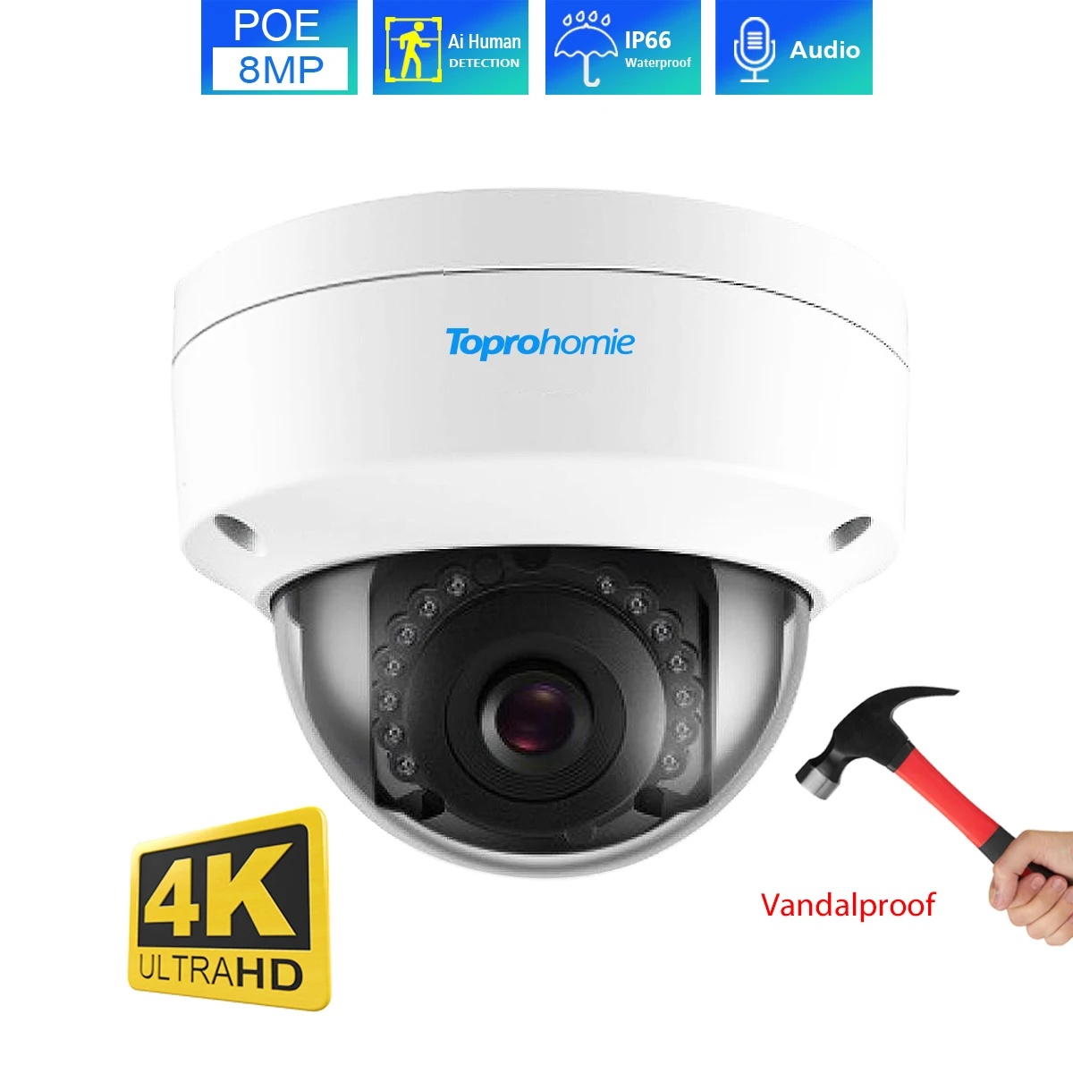 실내 야외 파손 방지 돔 POE IP 카메라, 비디오 감시 NVR 시스템용, H.265 4K 8MP CCTV 보안 카메라, 2K 