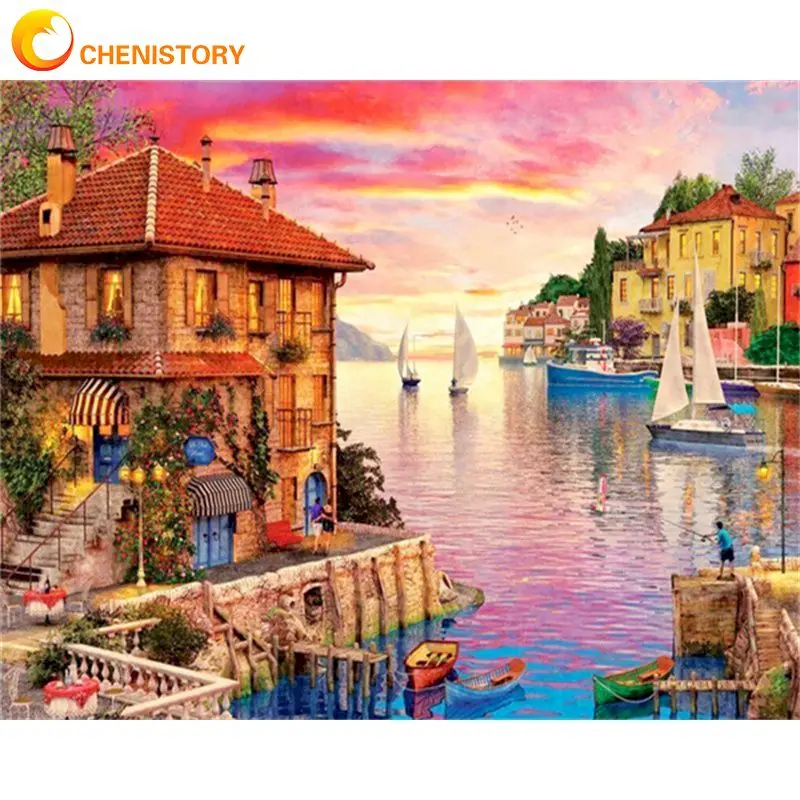 

CHENISTORY Oil Paint By Numbers Handmade Pictures By Numbers Sunset Scenery Paint For Painting Living Room Decoration