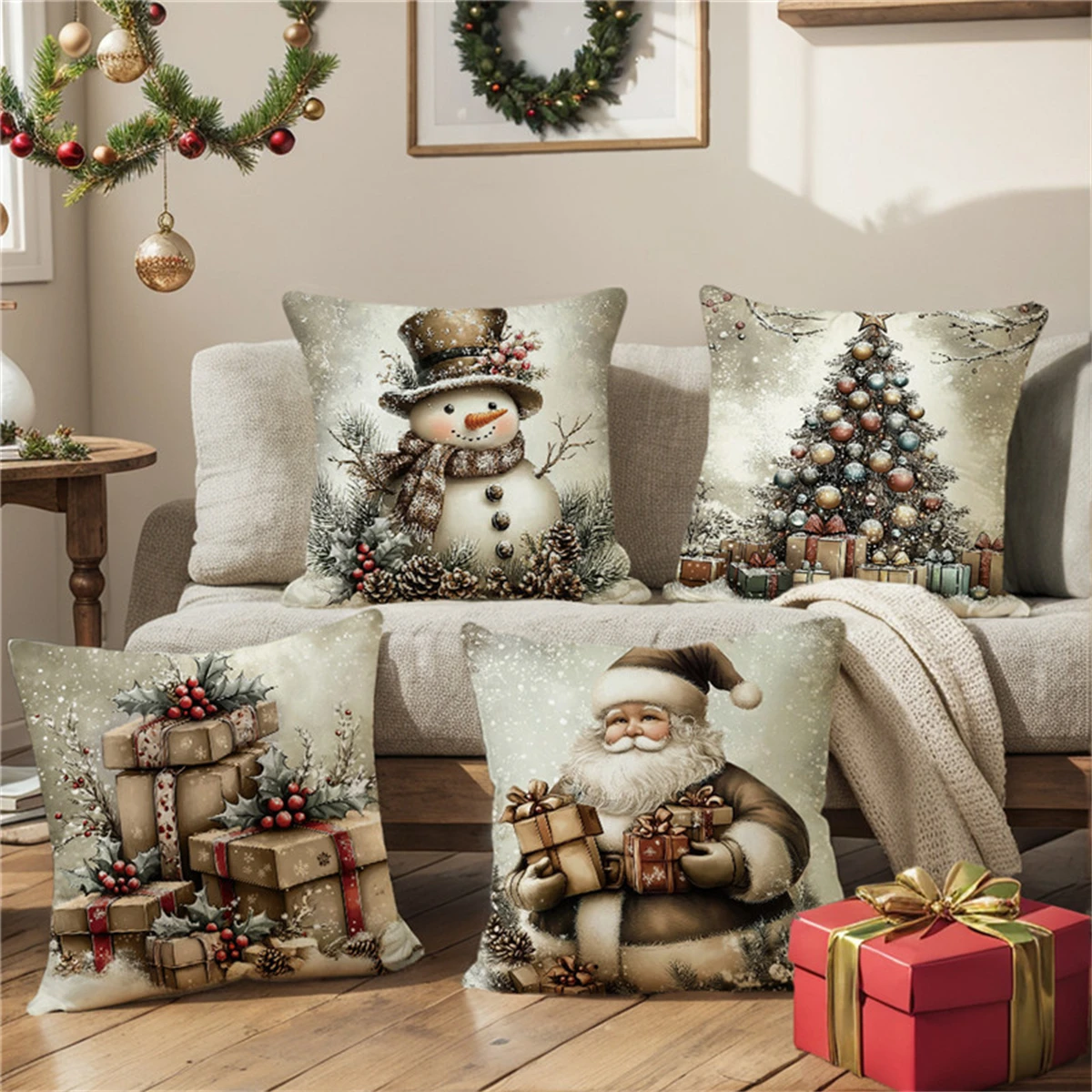 4-piece Christmas pillowcase set, 18x18 inches, suitable for living room, bedroom, Christmas decoration (without pillow core)