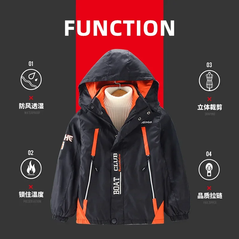 Children Outdoor Jacket Suit Boys Casual Waterproof Hooded Jacket Removable Padded Warm Lining 2pcs Hiking Camping Outwear Parka